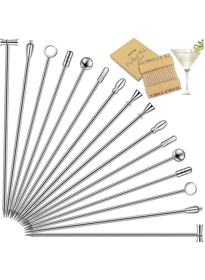 DEMIGO Cocktail Picks 16pcs, 8 New Styles Stainless Steel Reusable Olive Stuffers Martini Pick set Fruit Toothpick Garnish Skewers Appetizer Drink Stick for Bar party, Barbeque Snack, Club sandwiches - Image 1